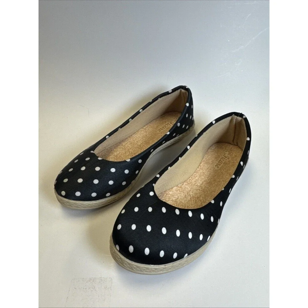 Ficare Nottingham Black White Polka Dot Scallop Espadrilles Sz 4.5